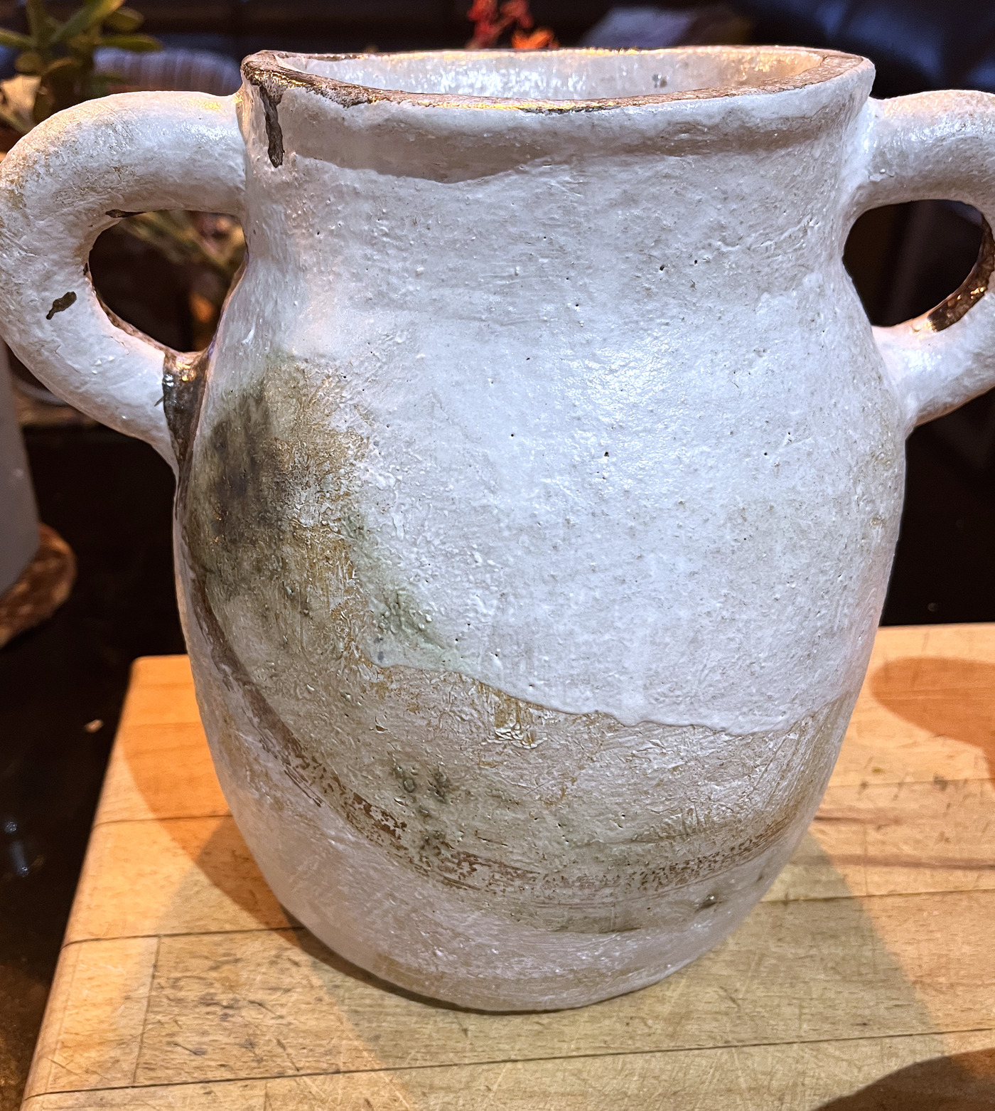 Stoneware vessel with two handles and a chalk-white glaze